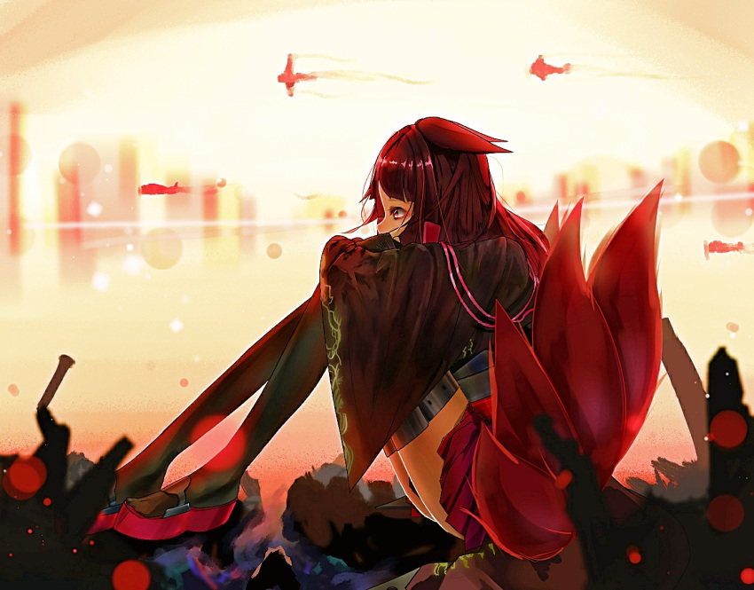 1girl, akagi_(azur_lane), animal_ears, azur_lane, black_hair, brown_hair, brown_tail, fox_ears