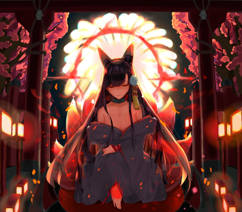 1girl, akagi_(azur_lane), akagi_(deep_crimson_poppy)_(azur_lane), animal_ears, azur_lane, bare_shoulders, black_hair, breasts, brown_hair, brown_tail, fox_ears, fox_girl, fox_tail, highres, japanese_clothes, kimono, kitsune, large_breasts, long_hair, looking_at_viewer, multiple_tails, new_ju, red_eyes, smile, solo, tail, white_kimono, yandere