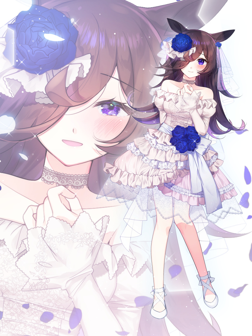 1girl, absurdres, animal_ears, ankle_strap, arm_behind_back, bangs, bare_shoulders, blue_flower