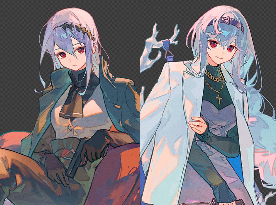 2girls, ahoge, arknights, ascot, bangs, black_ascot, black_gloves, black_hairband