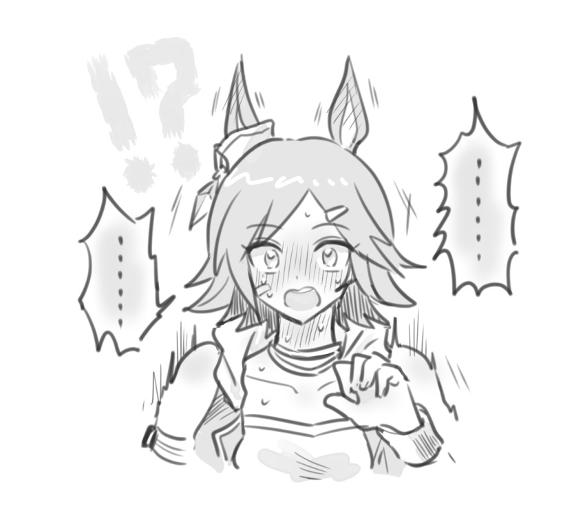 animal_ears, bandaid, bandaid_on_face, black_hair, blush, greyscale, hair_ornament, horse_ears