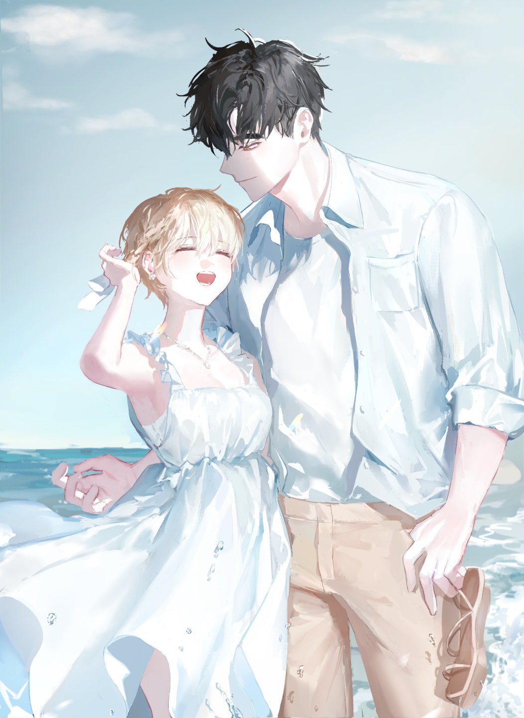 1boy, 1girl, bare_shoulders, black_hair, blonde_hair, brown_shorts, closed_eyes, collared_shirt