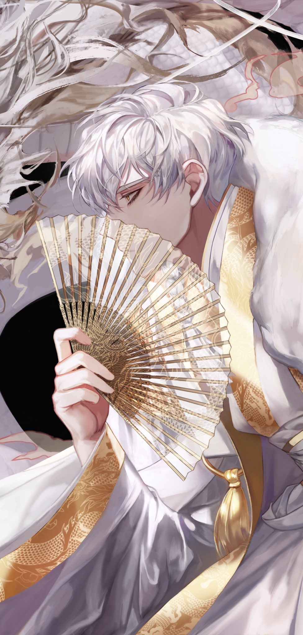 1boy, fek_zin, from_side, grey_hair, hand_fan, highres, holding, holding_fan