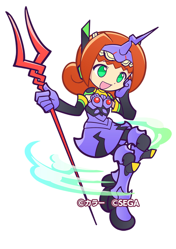 arii_(puyopuyo), armor, black_legwear, cosplay, curly_hair, detached_sleeves, dress, eva_13, full_body, gloves, greaves, green_eyes, head_on_hand, holding, holding_polearm, holding_weapon, horns, invisible_chair, lance_of_longinus, neon_genesis_evangelion, official_art, open_mouth, orange_hair, polearm, purple_armor, purple_dress, purple_gloves, puyopuyo, puyopuyo_quest, single_horn, sitting, smile, weapon