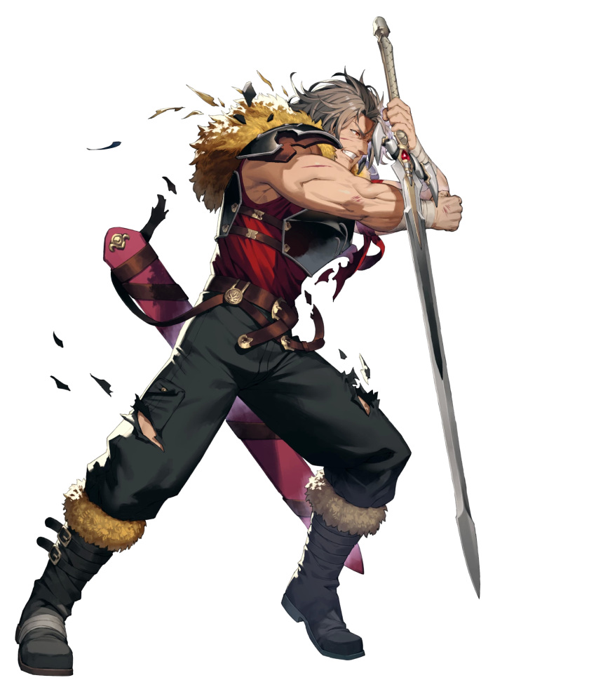 1boy, arm_up, armor, bandages, black_footwear, black_pants, boots, breastplate, clenched_teeth, cozy, fire_emblem, fire_emblem:_thracia_776, fire_emblem_heroes, fur-trimmed_boots, fur_trim, galzus_(fire_emblem), grey_hair, highres, holding, holding_sword, holding_weapon, male_focus, muscular, muscular_male, non-web_source, official_art, pants, pauldrons, red_shirt, reverse_grip, scabbard, sheath, shirt, short_hair, shoulder_armor, sleeveless, sleeveless_shirt, solo, standing, sword, teeth, torn_clothes, torn_pants, transparent_background, weapon, wrist_wrap