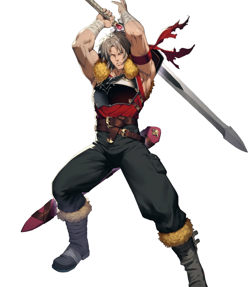 1boy, arm_up, armor, bandages, black_footwear, black_pants, boots, breastplate