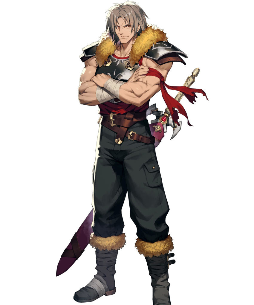 1boy, armor, bandages, black_footwear, black_pants, boots, breastplate, cozy