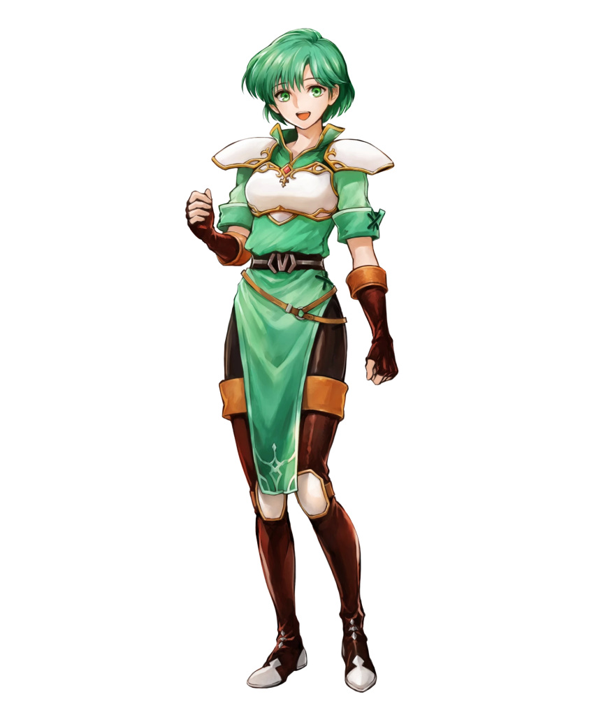 1girl, armor, bangs, belt, boots, breastplate, clenched_hand, dress, elbow_gloves, eyebrows_visible_through_hair, fingerless_gloves, fire_emblem, fire_emblem:_thracia_776, fire_emblem_heroes, full_body, gloves, gold_trim, green_dress, green_eyes, green_hair, hand_up, highres, karin_(fire_emblem), knee_pads, looking_at_viewer, non-web_source, official_art, open_mouth, pantyhose, shiny, shiny_clothes, shiny_hair, short_dress, short_hair, short_sleeves, shoulder_armor, smile, solo, thigh-highs, thigh_boots, transparent_background, uroko_(mnr)