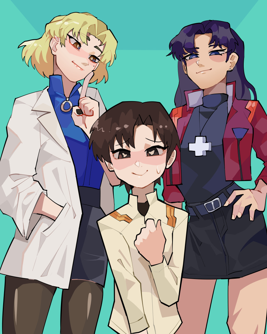 3girls, absurdres, akagi_ritsuko, belt, blonde_hair, breasts, brown_hair, diforland