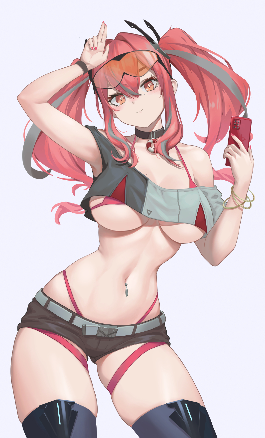 1girl, azur_lane, bikini, bikini_under_clothes, black_shorts, breasts, bremerton_(azur_lane), cellphone