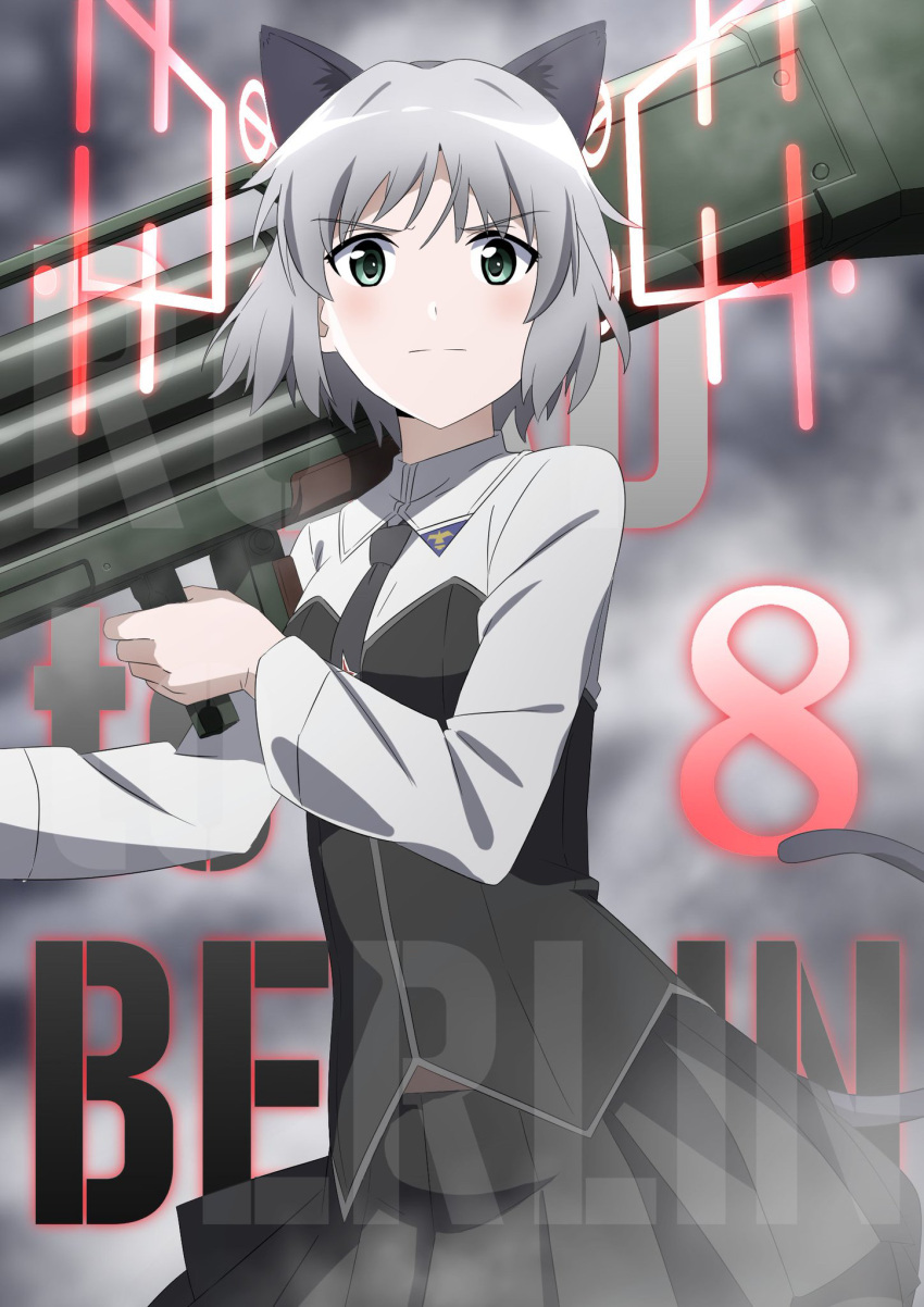 1girl, animal_ears, background_text, bangs, black_blouse, black_necktie, black_skirt, blouse