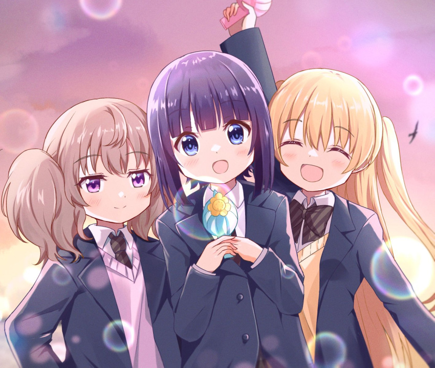 3girls, black_hair, blue_eyes, bubble, eyebrows_visible_through_hair, hair_between_eyes, highres, long_hair