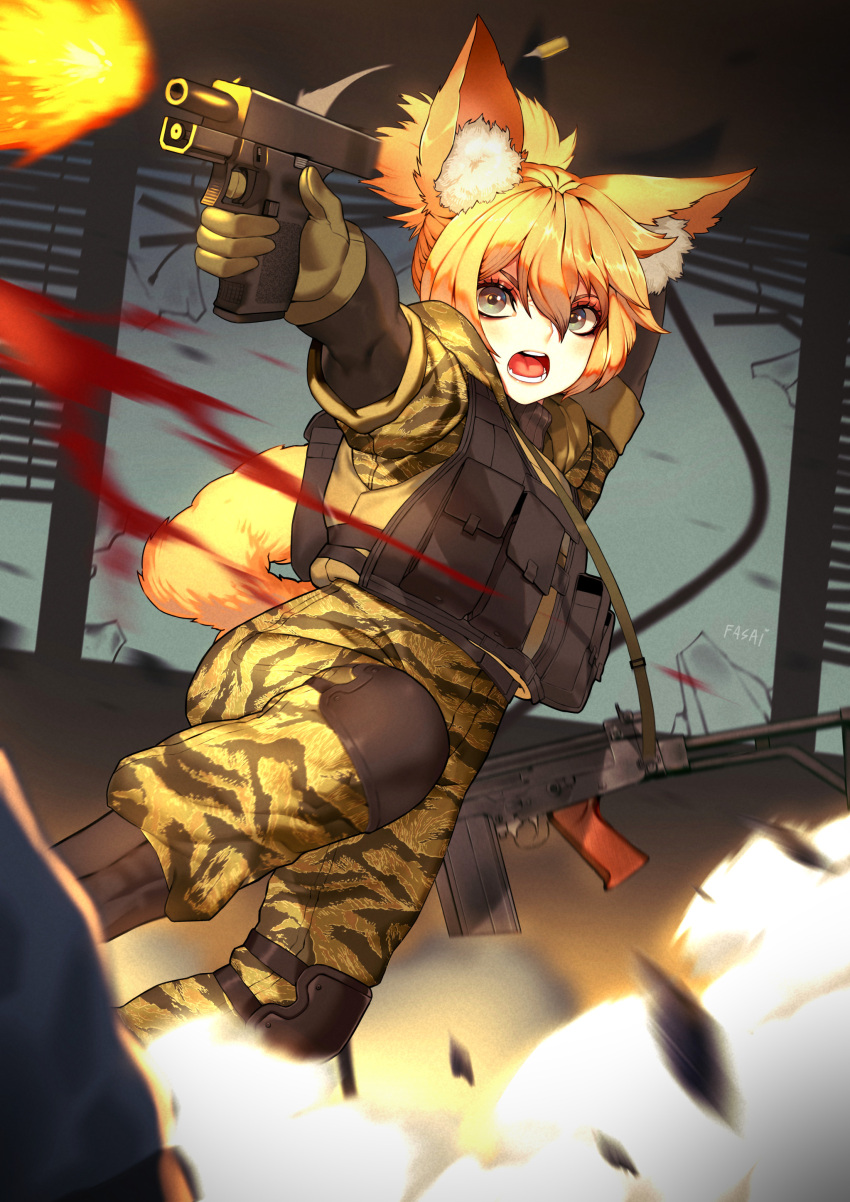 1girl, absurdres, animal_ears, battle_rifle, black_footwear, blonde_hair, blood, boots