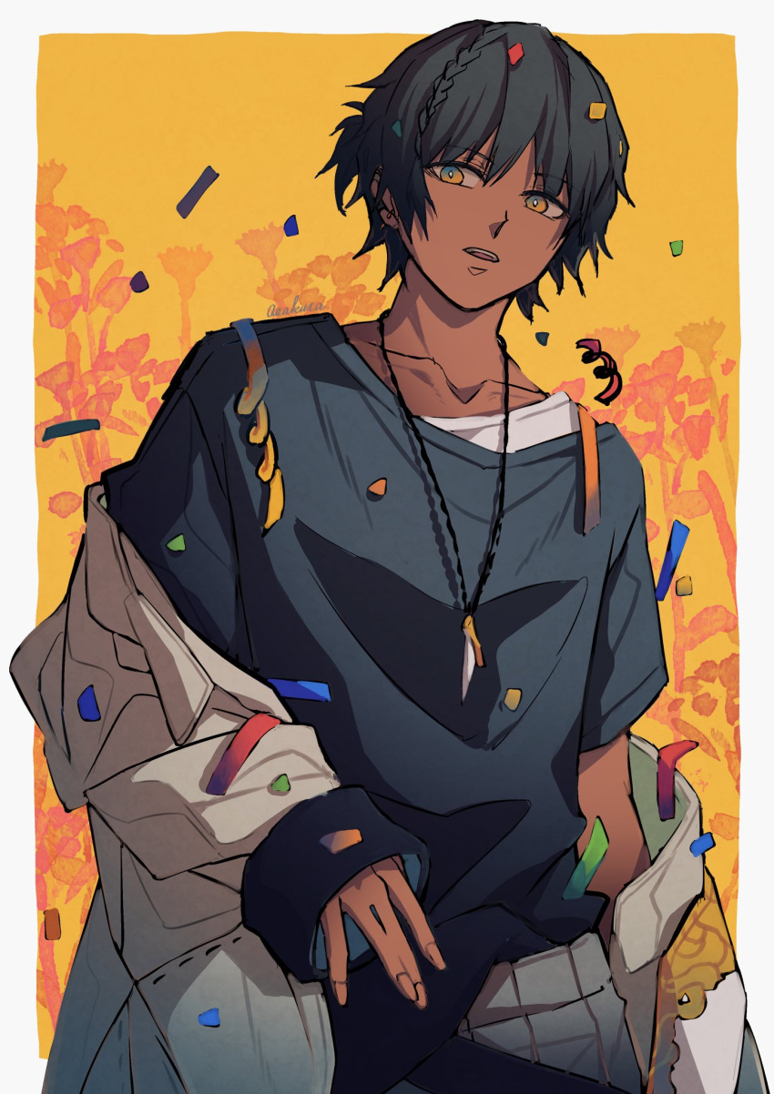 1boy, arknights, bishounen, black_hair, black_shirt, confetti, dark-skinned_male, dark_skin, flower, highres, ichi_asakura, jacket, jewelry, male_focus, necklace, orange_eyes, shirt, short_hair, solo, thorns_(arknights), upper_body, white_shirt