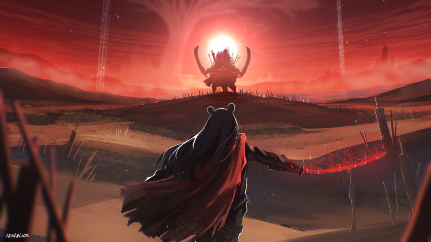 1girl, 1other, anonamos, artist_name, back, cloak, dual_wielding, elden_ring