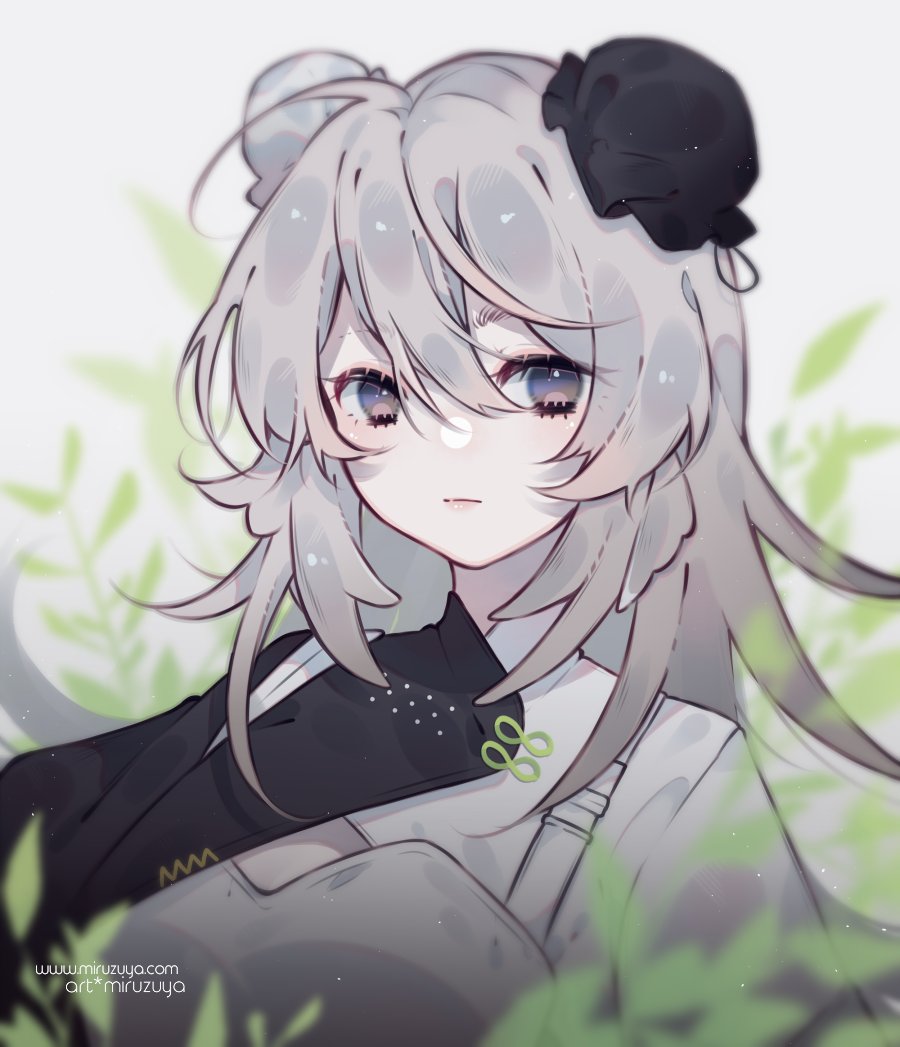 1girl, arknights, blurry, blurry_background, blurry_foreground, bun_cover, closed_mouth, commentary_request