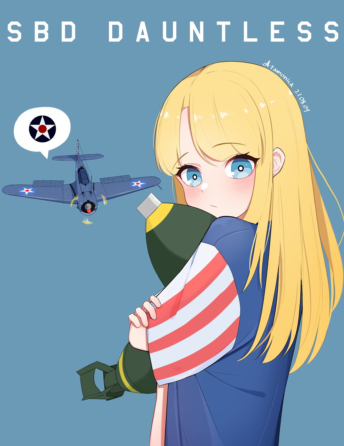 1girl, aircraft, airplane, artist_name, atamonica, blonde_hair, blue_eyes, bomb