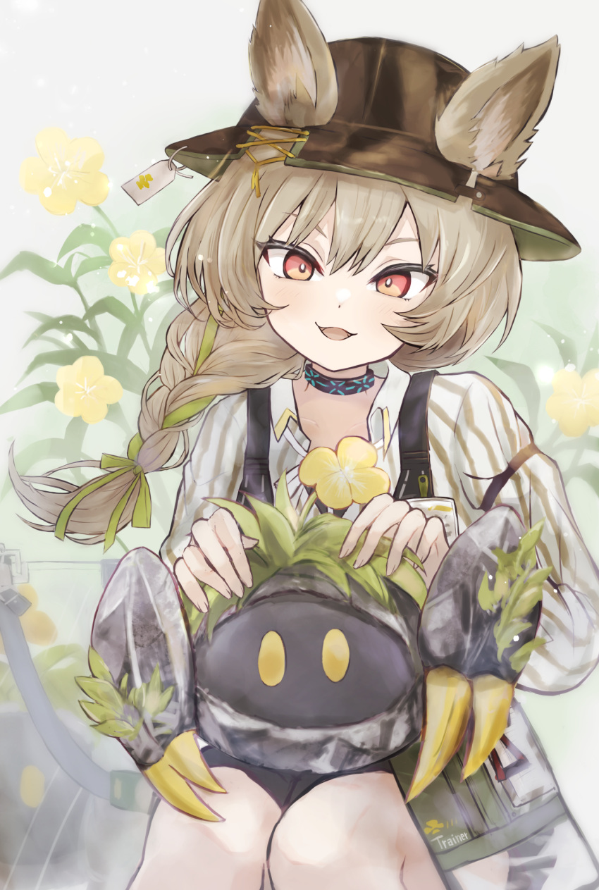 1girl, :d, arknights, bangs, beanstalk_(arknights), black_headwear, bow, braid