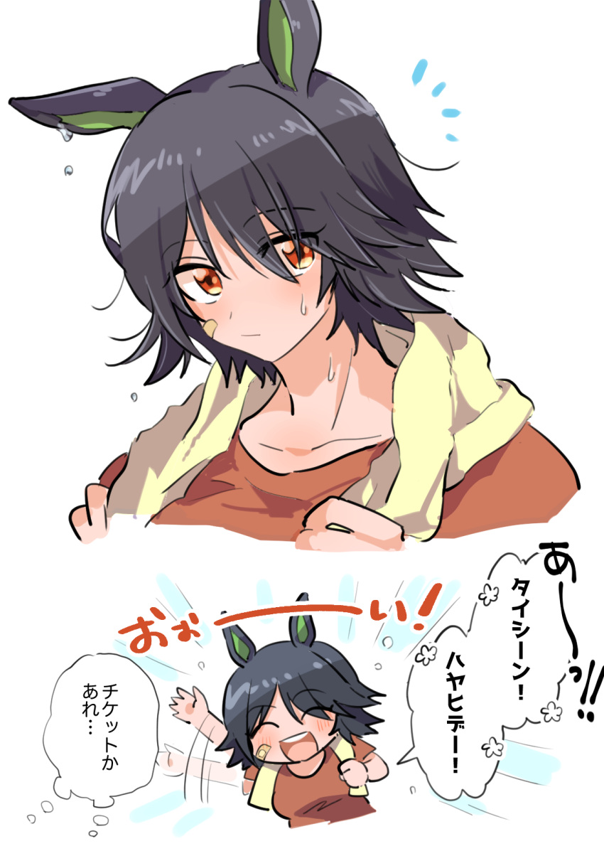 animal_ears, bandaid, bandaid_on_face, bangs, black_hair, blush, eyebrows_visible_through_hair, hair_ornament, highres, horse_ears, horse_girl, kamaboco, shirt, short_hair, translated, umamusume, winning_ticket_(umamusume)