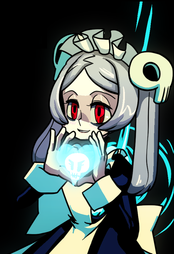 1girl, black_background, bloody_marie_(skullgirls), blue_fire, fire, grey_hair, hair_ornament, heart