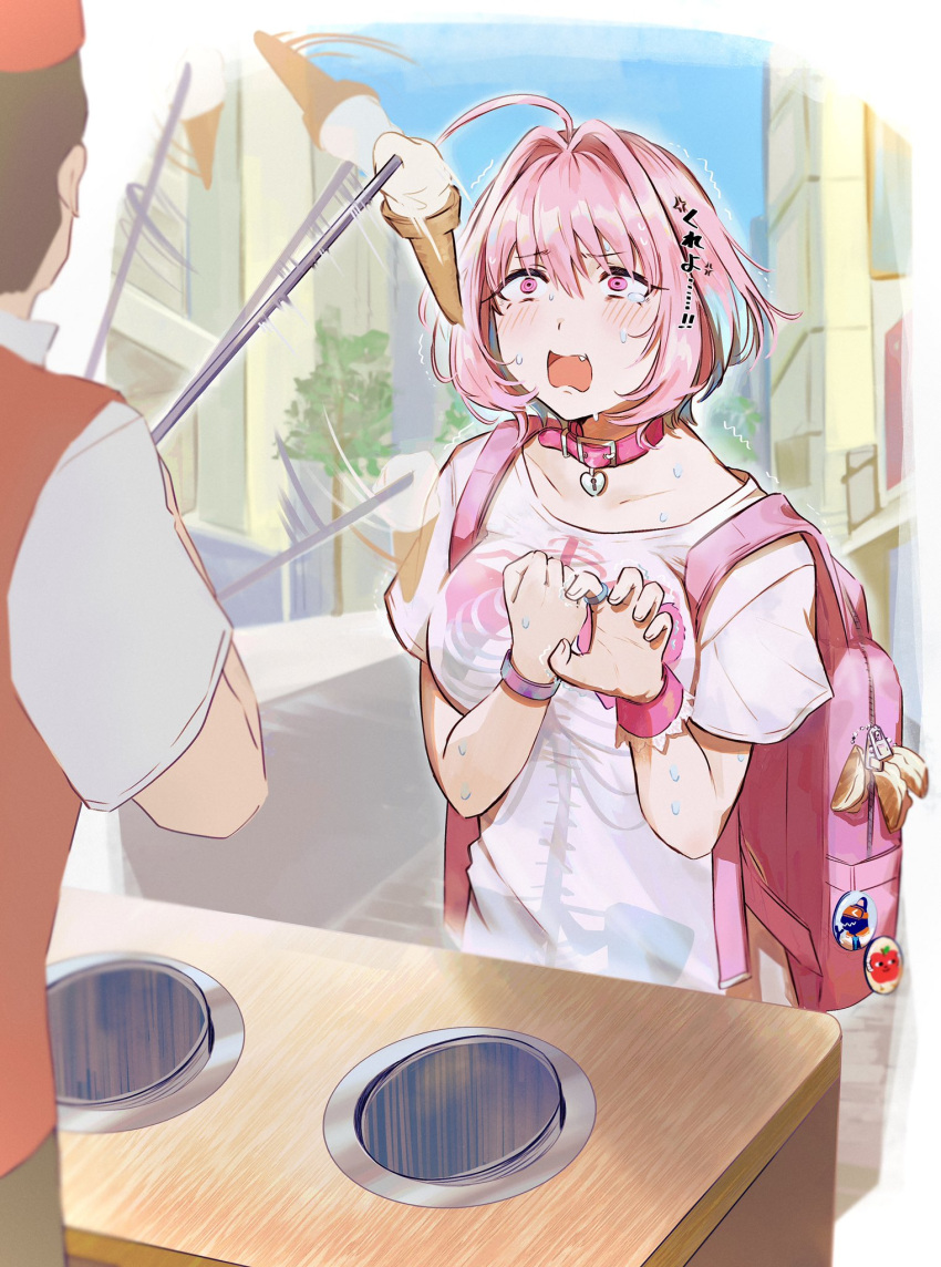 1boy, 1girl, afterimage, ahoge, backpack, bag, bangs, blurry, blurry_background, collar, collarbone, commentary, constricted_pupils, day, dondurma_(ice_cream), dumpling, eyebrows_visible_through_hair, fang, food, hair_between_eyes, hamachamu, hands_up, heart-shaped_lock, highres, ice_cream, ice_cream_cone, idolmaster, idolmaster_cinderella_girls, jewelry, jiaozi, motion_blur, multicolored_hair, open_mouth, outdoors, pink_eyes, pink_hair, ring, shirt, short_hair, short_sleeves, skeleton_print, solo_focus, sweat, tearing_up, translated, tree, trembling, two-tone_hair, upper_body, white_shirt, wide-eyed, wristband, yumemi_riamu