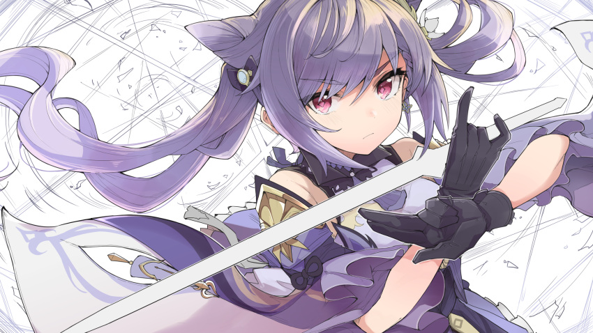 1girl, black_gloves, bow, double_bun, dress, earrings, frilled_sleeves, frills