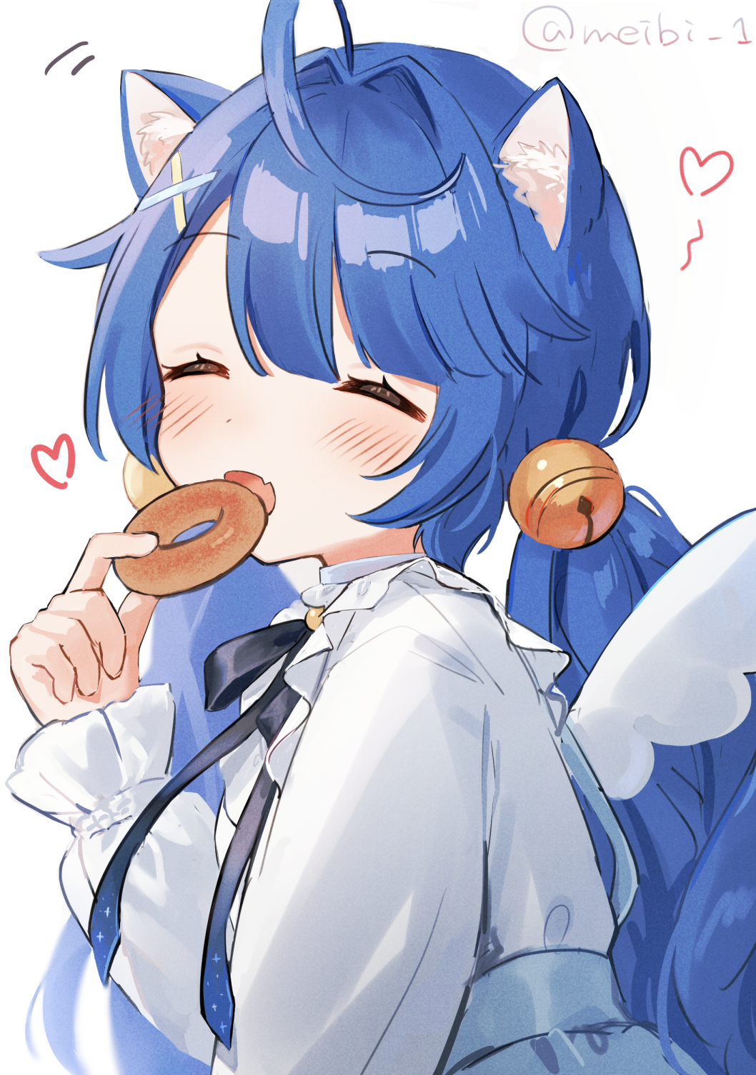 1girl, ahoge, amamiya_kokoro, animal_ears, bangs, bell, black_ribbon, blue_hair