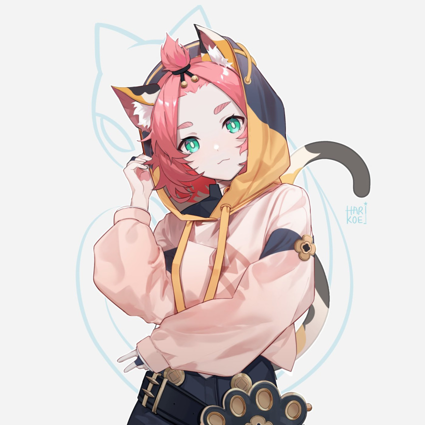 1girl, animal_ears, animal_hands, bag, casual, cat_ears, diona_(genshin_impact), genshin_impact, green_eyes, harikoe, highres, hood, hoodie, long_sleeves, looking_at_viewer, paw_print, pink_hair, short_hair, shorts, sleeves_past_wrists, solo, tied_hair, twitter_username, v