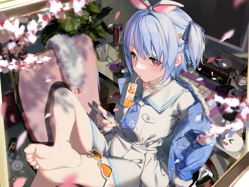 1girl, absurdres, bangs, barefoot, blue_hair, blue_jacket, blue_neckerchief, blue_ribbon