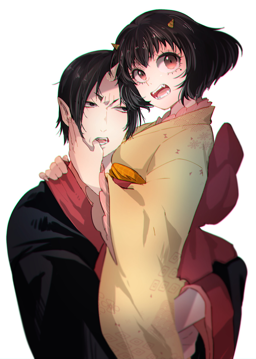 1boy, 1girl, absurdres, annoyed, black_hair, eyeshadow, highres, hoicyo