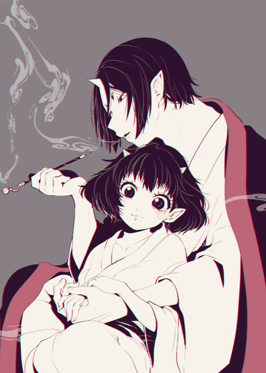 1boy, 1girl, absurdres, black_hair, highres, hoicyo, holding_hands, hoozuki_(hoozuki_no_reitetsu)
