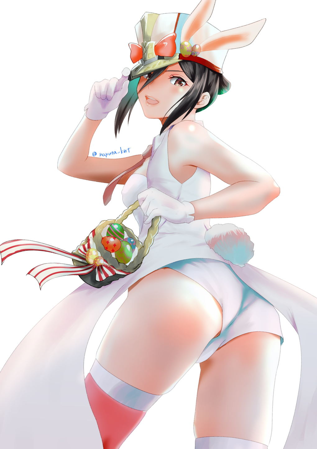 1girl, animal_ears, black_hair, breasts, brown_eyes, easter_egg, egg, gloves