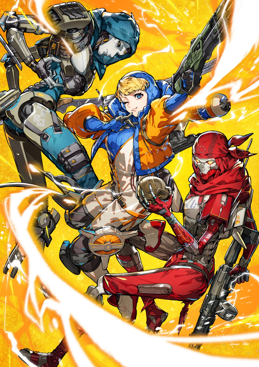 1boy, 2girls, absurdres, apex_legends, ash_(titanfall_2), bandana, bangs, black_sclera, blonde_hair, blue_bodysuit, blue_eyes, blue_gloves, blue_headwear, bodysuit, colored_sclera, energy_gun, eva-8, gloves, gun, highres, holding, holding_gun, holding_skull, holding_sword, holding_weapon, hood, hood_up, hooded_jacket, jacket, m1904_mastiff, metal_skin, mika_pikazo, multiple_girls, one_eye_closed, open_hand, orange_jacket, parted_lips, red_bandana, revenant_(apex_legends), ribbed_bodysuit, science_fiction, shotgun, simulacrum_(titanfall), skull, smile, sword, wattson_(apex_legends), weapon, white_bodysuit, yellow_background