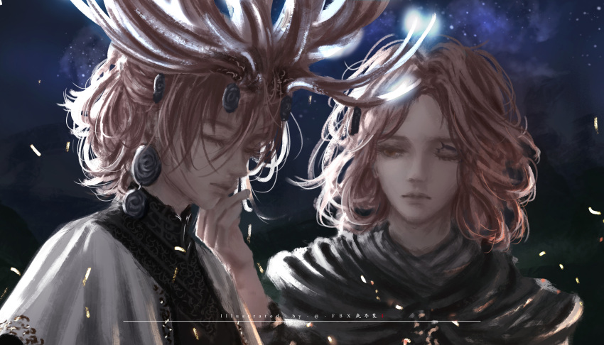 1girl, 1other, absurdres, androgynous, antlers, brown_eyes, brown_hair, cape