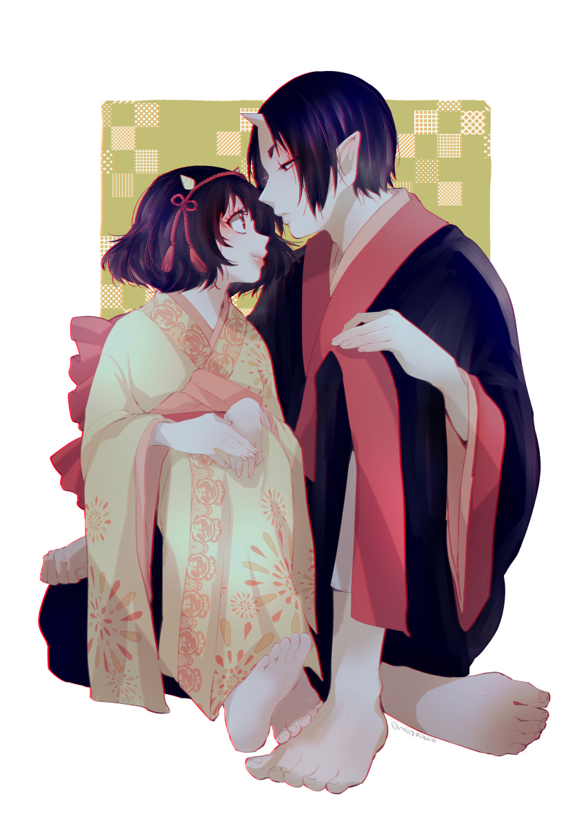 1boy, 1girl, absurdres, black_hair, eyeshadow, highres, hoicyo, hoozuki_(hoozuki_no_reitetsu)