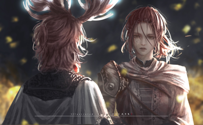 1girl, 1other, absurdres, ambiguous_gender, antlers, artist_name, blurry, blurry_background