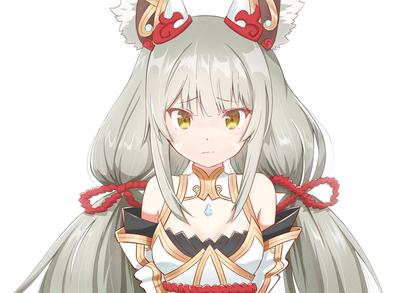 1girl, absurdres, animal_ears, breasts, cat_ears, chest_jewel, detached_sleeves, facial_mark, highres, kageyasu, long_hair, looking_at_viewer, low_twintails, nia_(blade)_(xenoblade), nia_(xenoblade), silver_hair, small_breasts, solo, spoilers, twintails, very_long_hair, xenoblade_chronicles_(series), xenoblade_chronicles_2, yellow_eyes