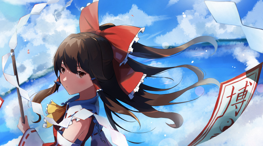 1girl, :/, absurdres, ascot, bangs, bare_shoulders, blush, bow, brown_eyes, brown_hair, closed_mouth, clouds, day, detached_sleeves, eyebrows_visible_through_hair, floating_hair, frilled_bow, frilled_hair_tubes, frills, gohei, hair_between_eyes, hair_bow, hair_tubes, hakurei_reimu, highres, holding, holding_stick, lens_flare, long_hair, long_sleeves, looking_at_viewer, ofuda, osumi_(rmee3837), outdoors, red_bow, red_vest, sidelocks, sky, solo, stick, touhou, upper_body, vest, wide_sleeves, yellow_ascot