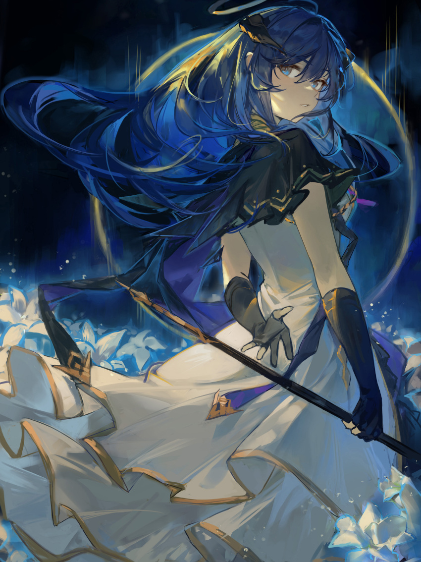 1girl, absurdres, arknights, arm_at_side, arm_behind_back, backlighting, bangs, black_background, black_gloves, blue_eyes, blue_hair, capelet, commentary_request, dress, ergouzi_echo, field, fingerless_gloves, flower, flower_field, gloves, gold_trim, hair_between_eyes, halo, head_tilt, highres, holding, holding_staff, horns, long_hair, looking_back, mostima_(arknights), mostima_(spellbreaker)_(arknights), parted_lips, sidelocks, sideways_glance, solo, staff, white_dress, wind, wind_lift