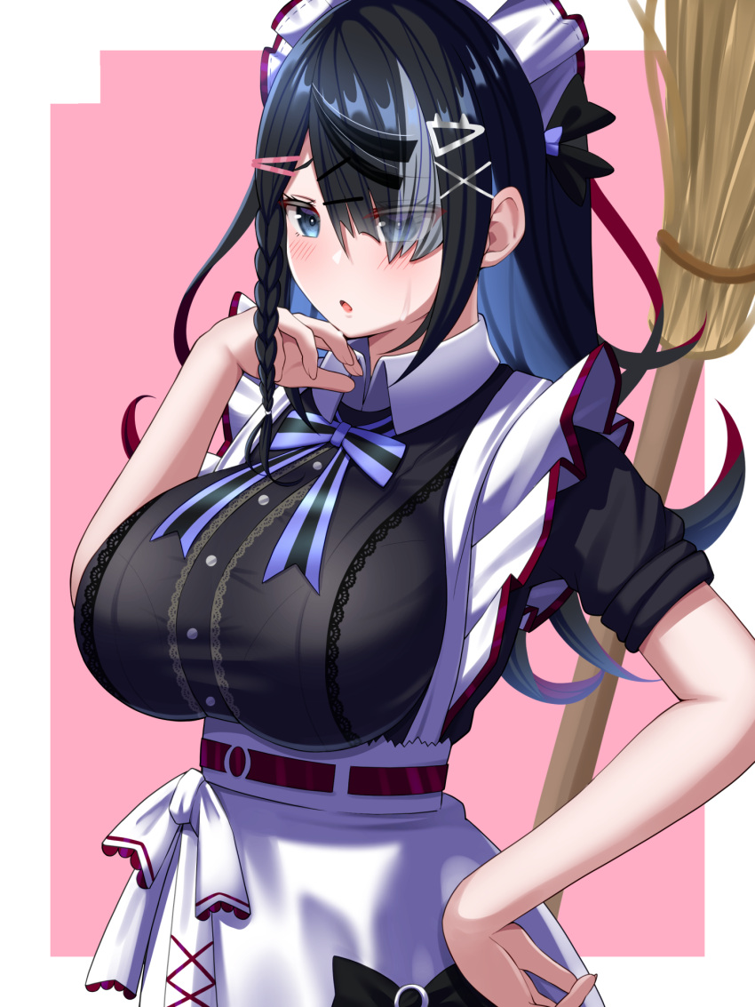 1girl, alternate_costume, apron, black_hair, black_shirt, blue_bow, blue_bowtie, blue_eyes
