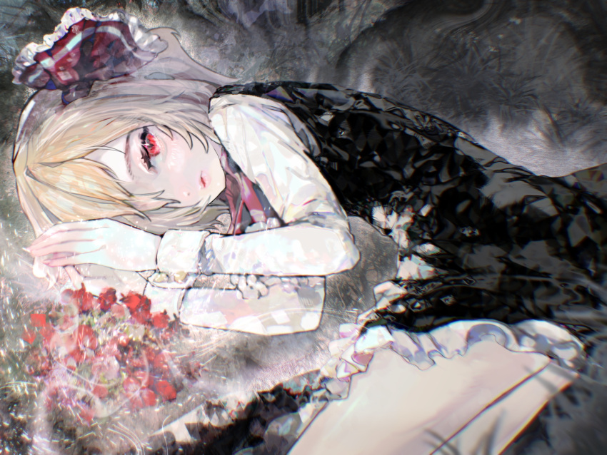 1girl, ascot, black_skirt, black_vest, blonde_hair, closed_mouth, expressionless, flower