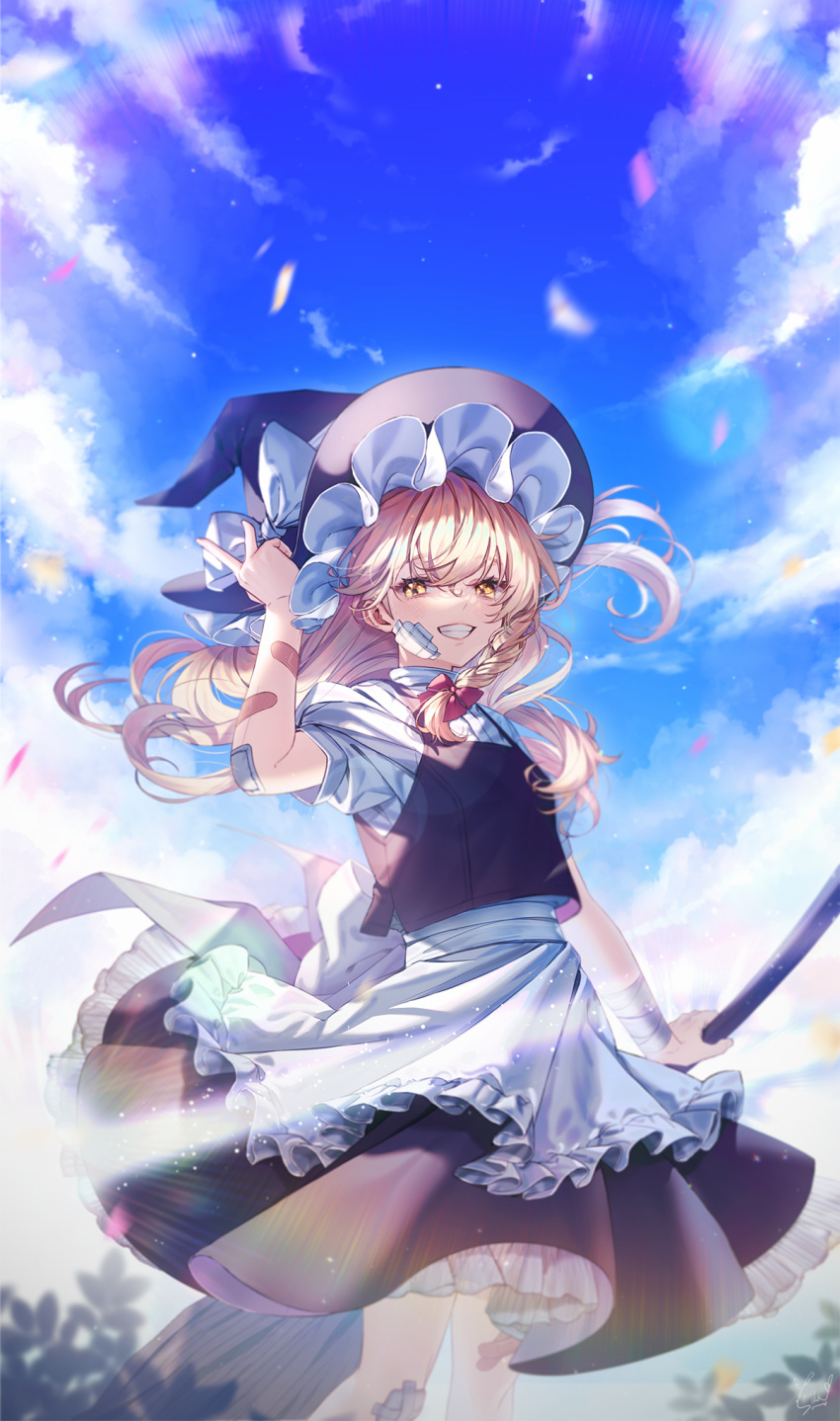 1girl, apron, bandages, bandaid, bandaid_on_arm, bandaid_on_face, bangs, black_headwear