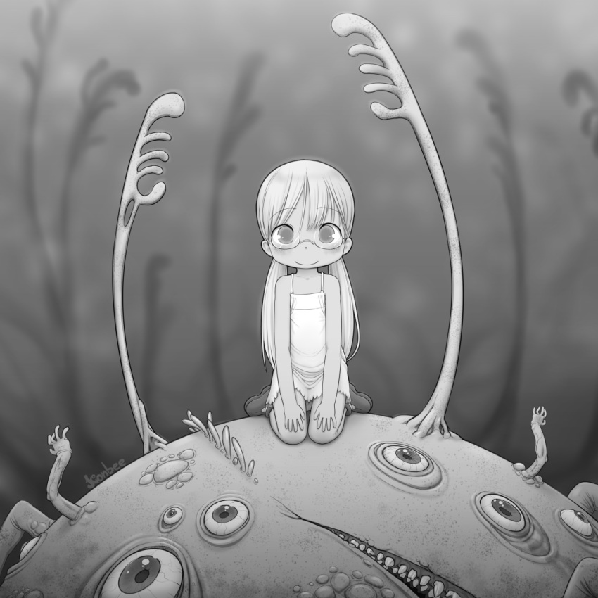 1girl, blush, closed_mouth, dress, glasses, greyscale, highres, kionant