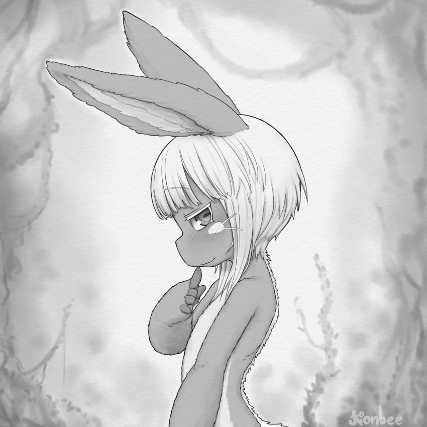 1other, ambiguous_gender, animal_ears, blush, bob_cut, closed_mouth, furry, greyscale