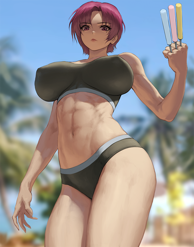 1girl, abs, alternate_costume, bazett_fraga_mcremitz, blue_sky, breasts, covered_nipples, fate/hollow_ataraxia