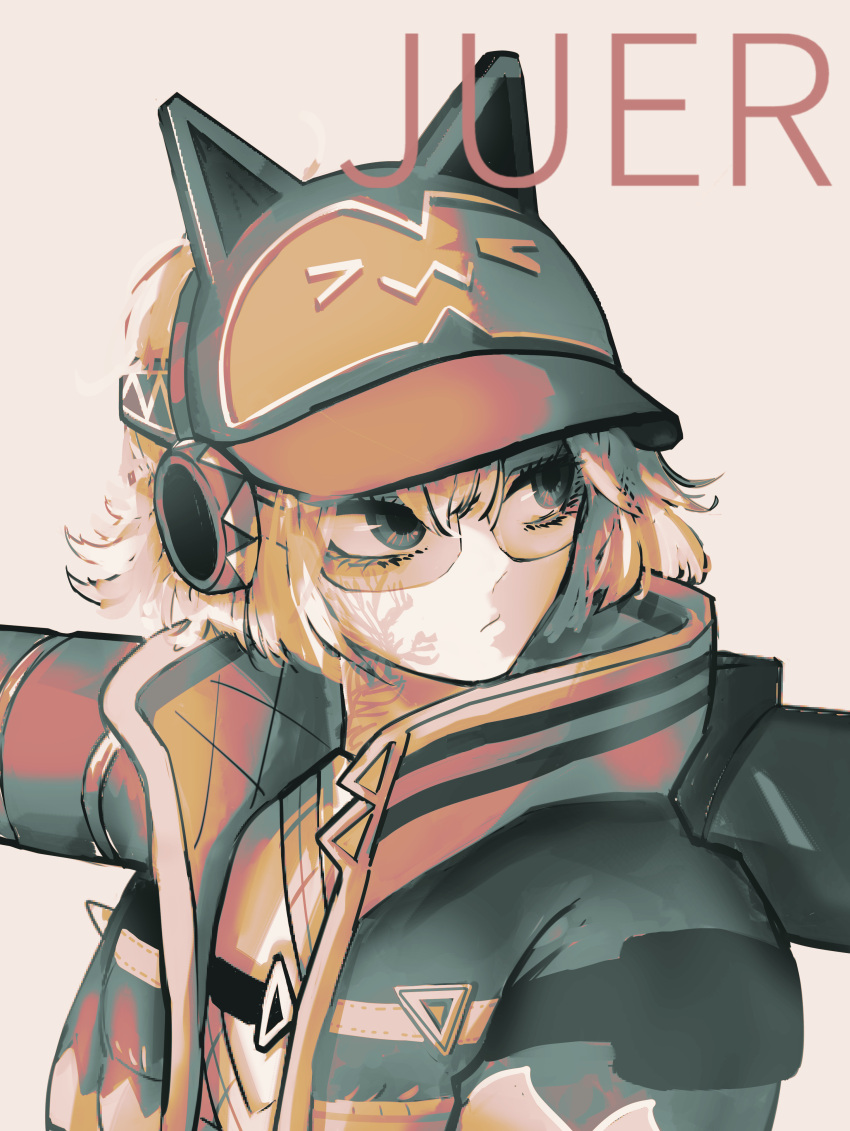 1girl, absurdres, apex_legends, beige_background, blonde_hair, blue_eyes, cat_ear_headphones, chinese_commentary