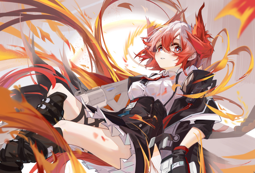 1girl, absurdres, animal_ears, arknights, bird_ears, bird_girl, bird_tail, black_footwear, black_gloves, black_jacket, black_skirt, boots, chino_(user_zdyd2447), fiammetta_(arknights), fire, gloves, gun, hair_between_eyes, highres, id_card, jacket, looking_at_viewer, off_shoulder, open_clothes, open_jacket, originium_arts_(arknights), parted_lips, redhead, shirt, short_hair, skirt, solo, tail, thigh_strap, weapon, white_shirt