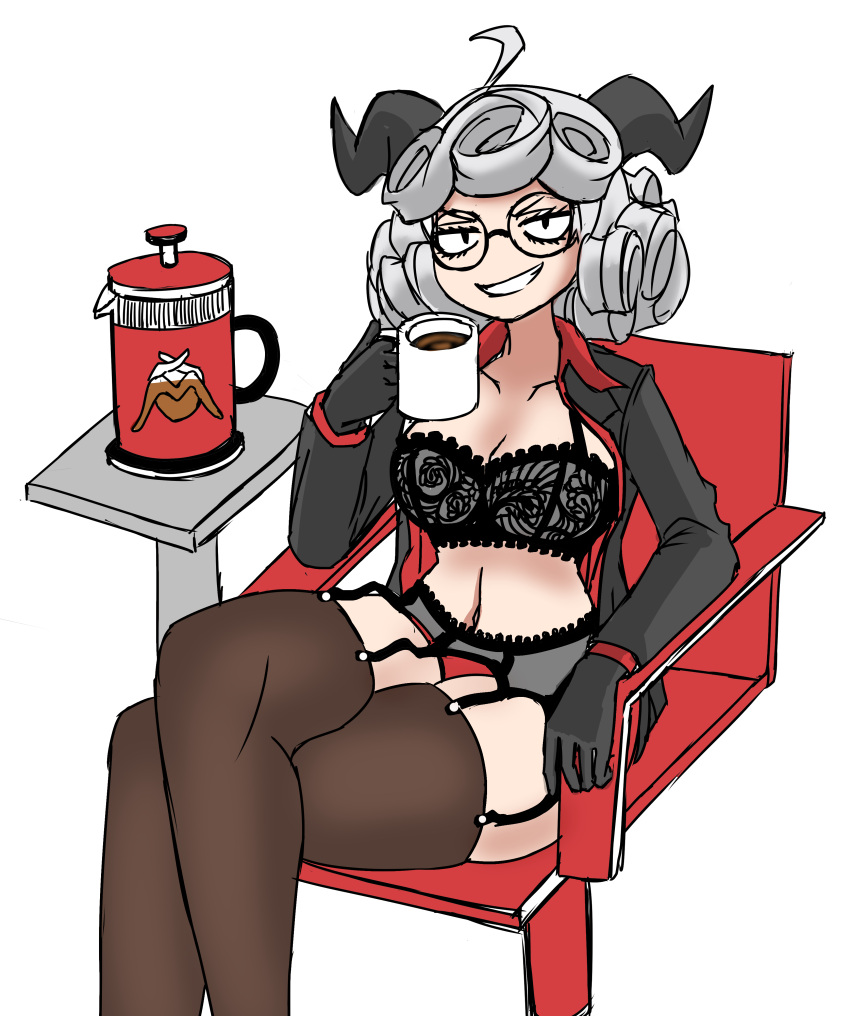 absurdres, bra, chair, coffee, coffee_cup, coffee_pot, crossed_legs, cup