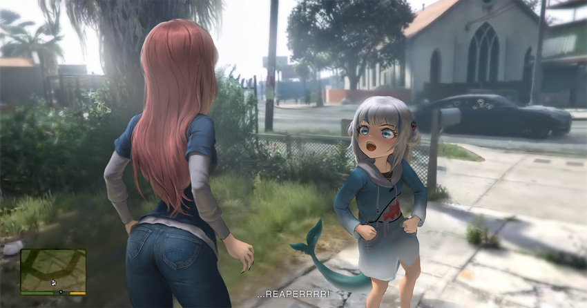 2girls, arched_back, ass, bangs, black_nails, blunt_bangs, car, clenched_hands