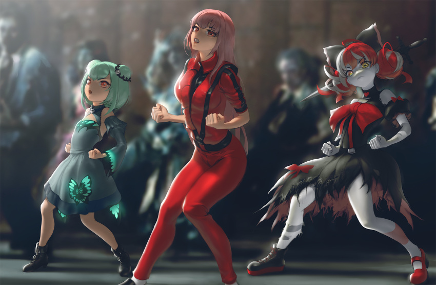 3girls, bangs, bow, cosplay, dancing, double_bun, dress, green_hair